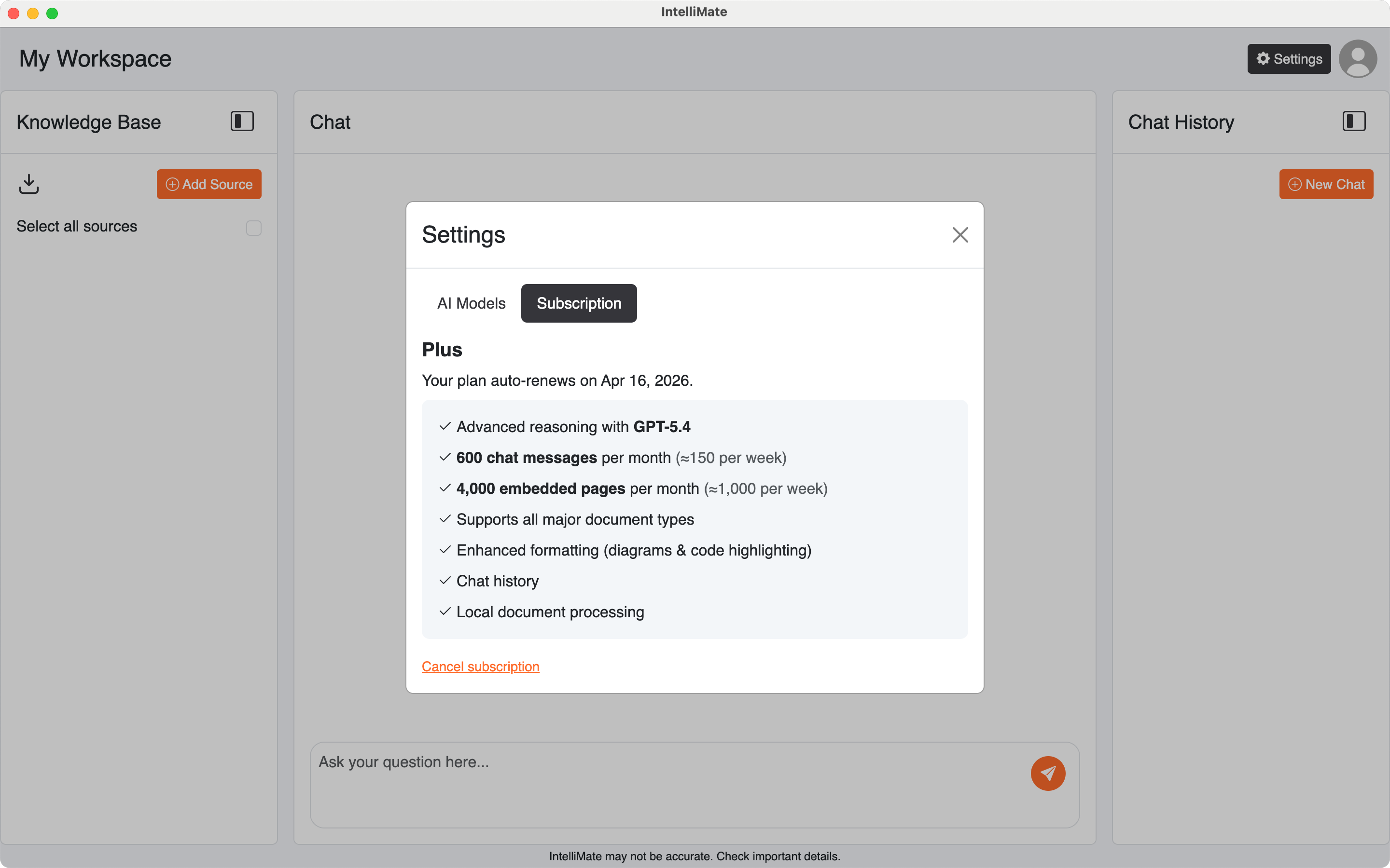 IntelliMate Settings Subscription tab with cancel subscription