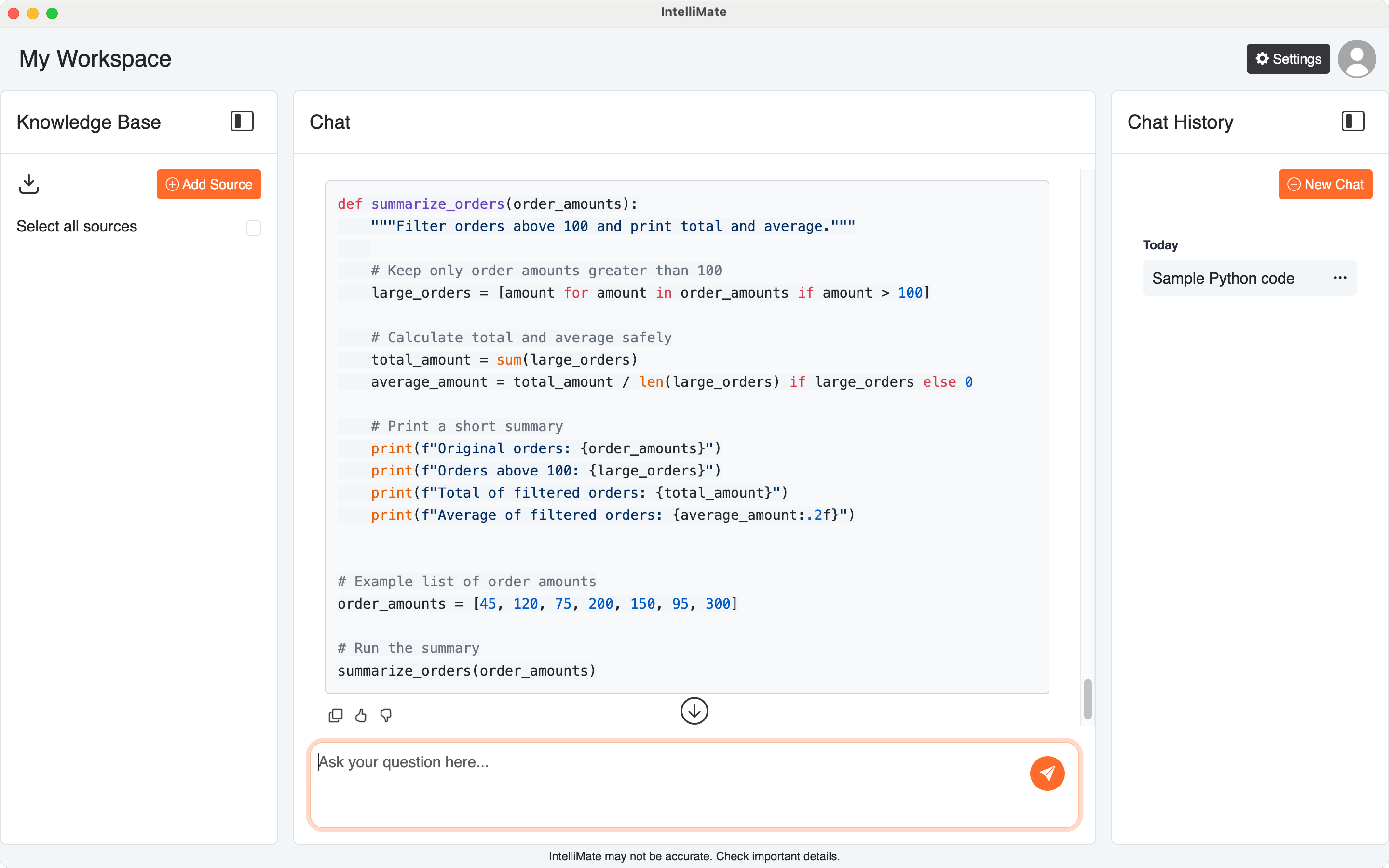 Example of syntax-highlighted Python code in an IntelliMate AI response