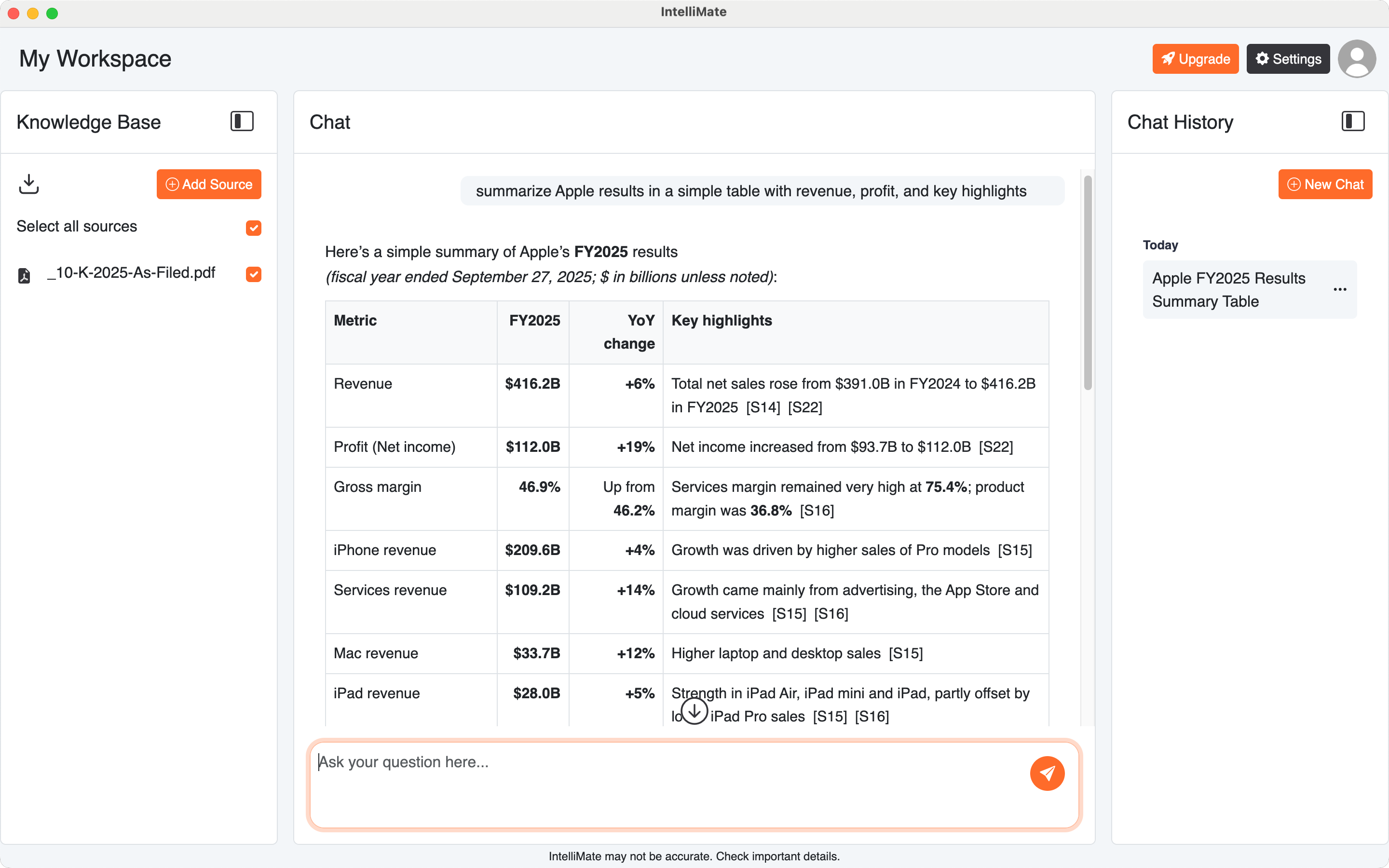 IntelliMate chat workspace with a first conversation