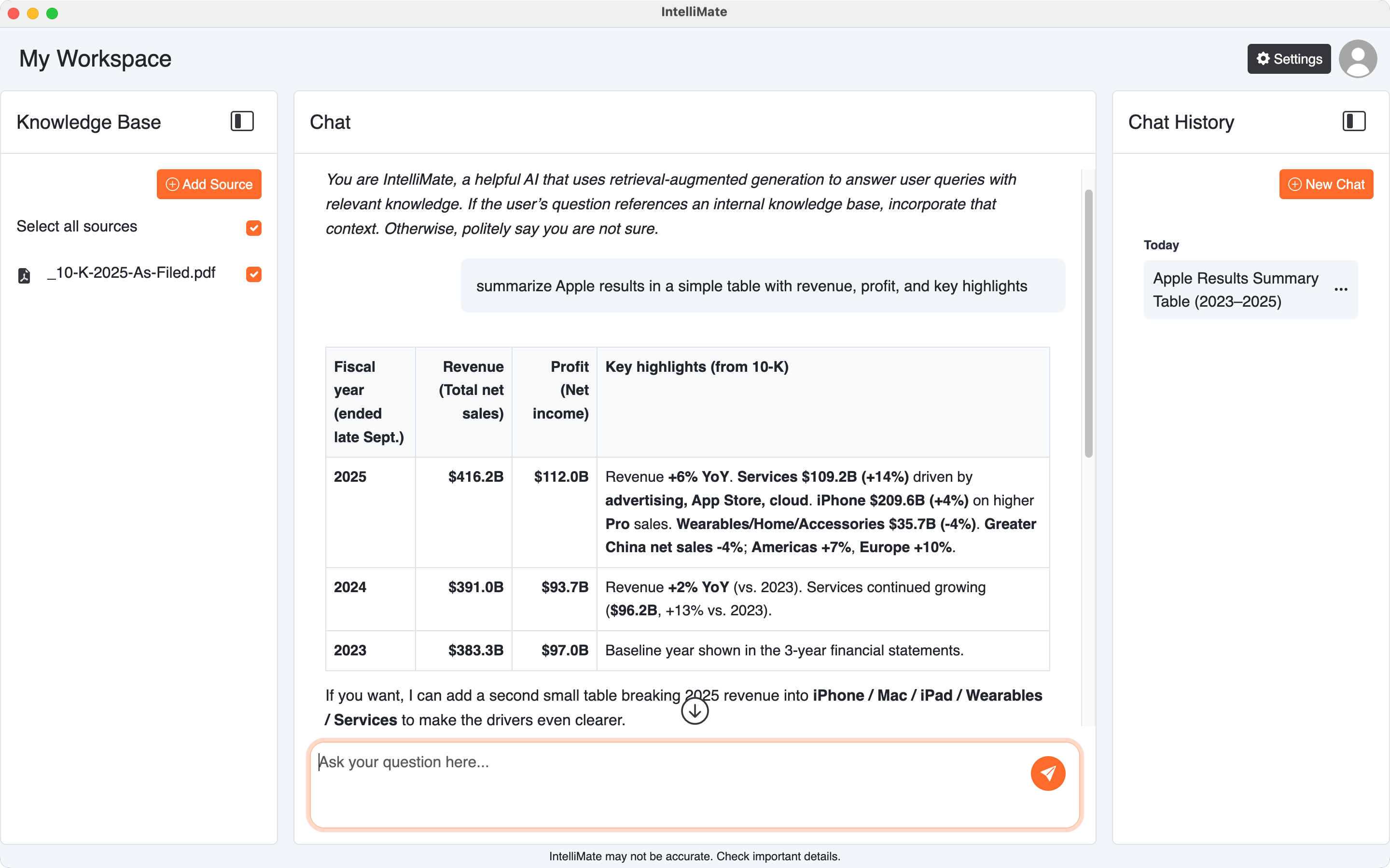 IntelliMate desktop app demo showing document chat and summaries